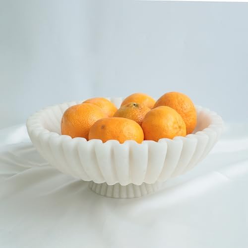 12 In Decorative Bowl Scalloped Pedestal Milky White Artificial Stone