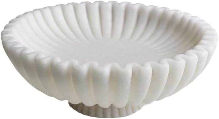 12 In Decorative Bowl Scalloped Pedestal Milky White Artificial Stone
