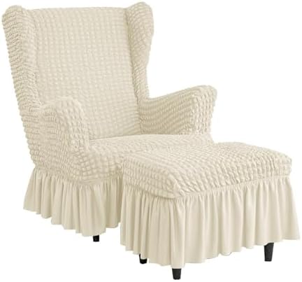 Stretch Seersucker Chair Slipcover with Ottoman Universal Wingback Chair Cover Set Beige