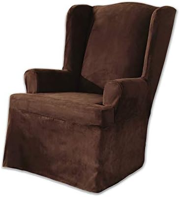 SureFit Soft Suede T-Cushion Wing Chair Slipcover Chocolate