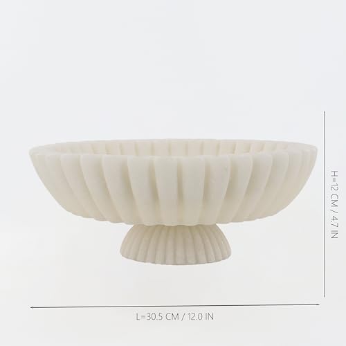 12 In Decorative Bowl Scalloped Pedestal Milky White Artificial Stone