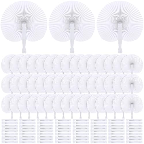Aodaer 120 Pack White Paper Fans with Plastic Handles