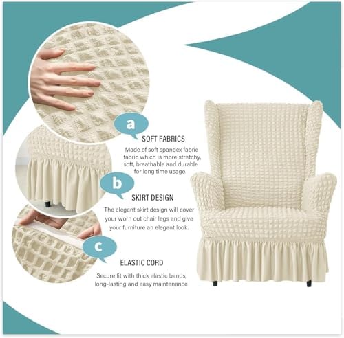 Stretch Seersucker Chair Slipcover with Ottoman Universal Wingback Chair Cover Set Beige
