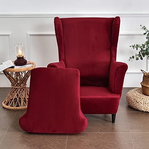 GULI Wingback Chair Cover 2-Piece Velvet Wine Red