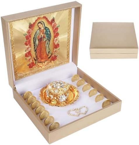 Catholic Wedding Arras Set with Virgen De Guadalupe Gifts Box