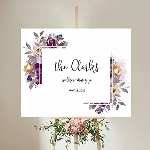 Customizable Purple Floral Wedding Welcome Sign 16x20 Inch