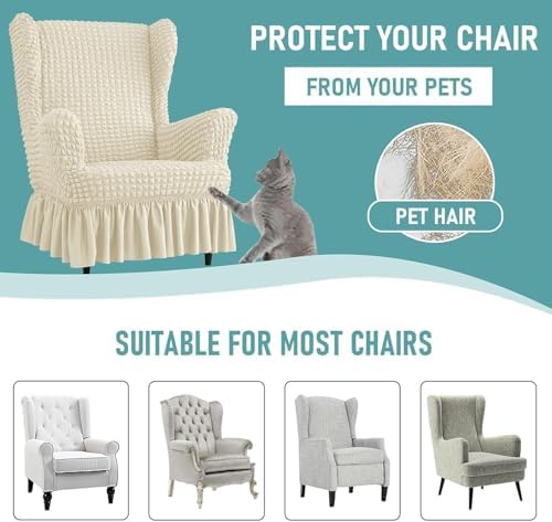 Stretch Seersucker Chair Slipcover with Ottoman Universal Wingback Chair Cover Set Beige