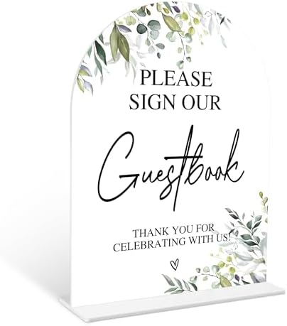 Greenery Guestbook Sign 6x8 Inch White Arch Acrylic Wedding Sign with Holder