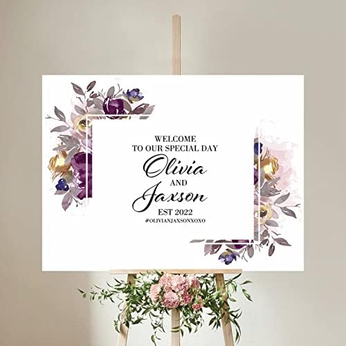 Alioyoit Personalized Wedding Welcome Sign with Purple Floral Wreath