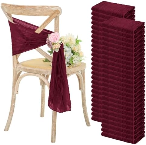 YMHPRIDE 50pcs Burgundy Cheesecloth Chair Sashes