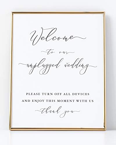 Welcome to Our Unplugged Wedding Sign in White with Black Lettering