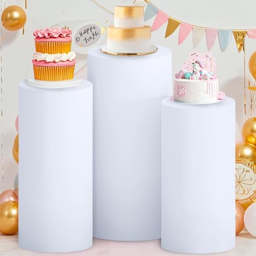 FOTSHARER 3 Pcs White Spandex Cylinder Stand Covers for Parties