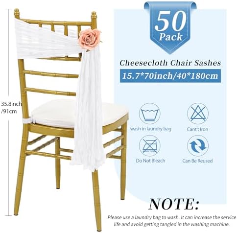 50 PCS White Cheesecloth Chair Sashes for Wedding Banquet