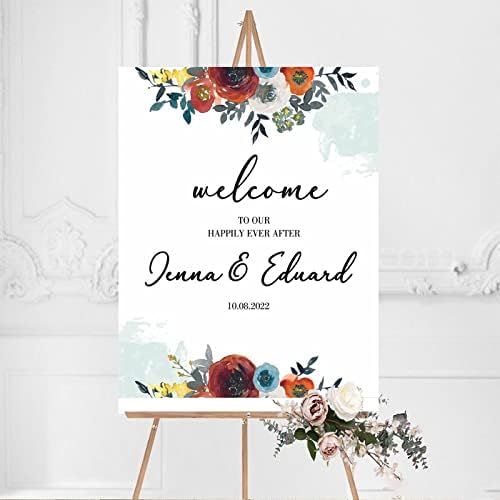 Customizable Red Floral Wedding Welcome Sign 12x16 Inch