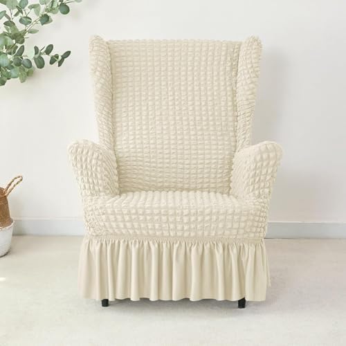 Stretch Seersucker Chair Slipcover with Ottoman Universal Wingback Chair Cover Set Beige