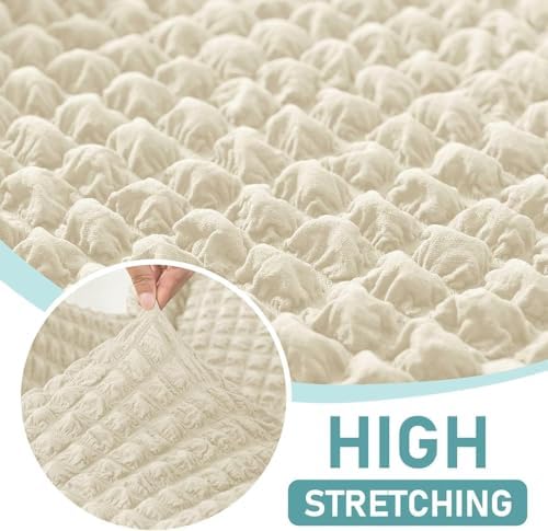 Stretch Seersucker Chair Slipcover with Ottoman Universal Wingback Chair Cover Set Beige