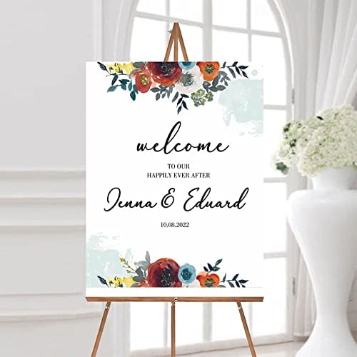 Customizable Red Floral Wedding Welcome Sign 12x16 Inch