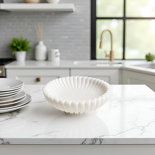 12 In Decorative Bowl Scalloped Pedestal Milky White Artificial Stone