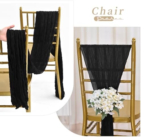 Showgeous 20PCS Black Cheesecloth Chair Sashes for Wedding Banquet