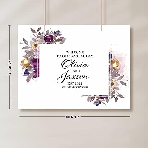 Alioyoit Personalized Wedding Welcome Sign with Purple Floral Wreath