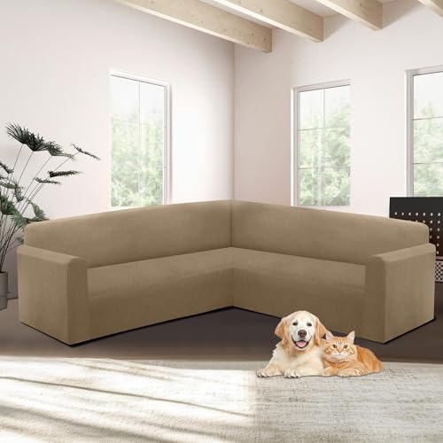 Jacquard L-Shaped Sectional Sofa Cover for Pets - Brown Khaki X-Large