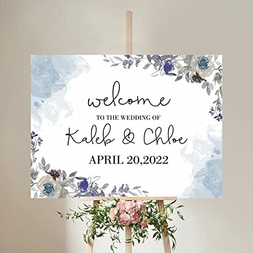 Alioyoit 12x16 Inch Blue Floral Wooden Wedding Welcome Sign
