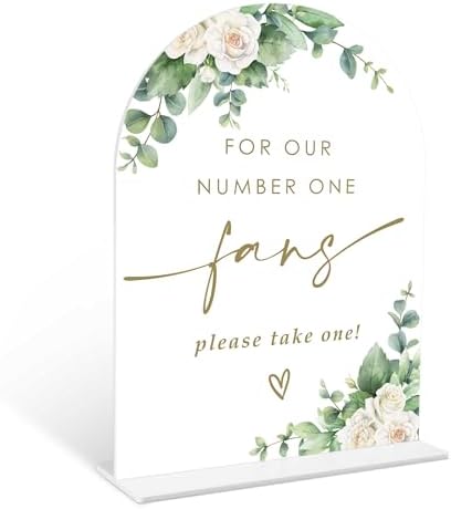 Eucalyptus Rose Wedding Fan Sign 6x8 Inch White Acrylic Wedding Arch with Holder