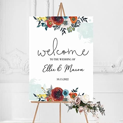 Custom Red Floral Wedding Welcome Sign 12x16 Inch