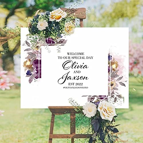 Alioyoit Personalized Wedding Welcome Sign with Purple Floral Wreath