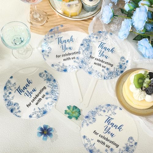 Geelin 50 Pcs Blue Flower Wedding Fans for Guests and Bridesmaids