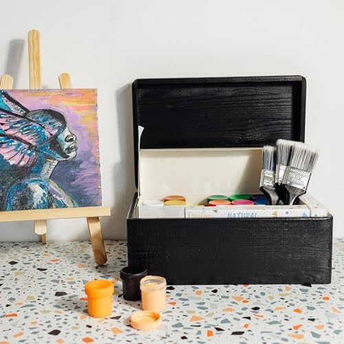 Large Black Wooden Storage Box with Hinged Lid