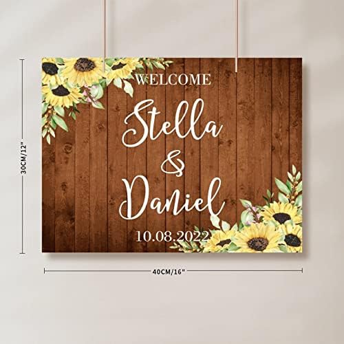 Wedding Welcome Sign Sunflower Brown Wood Customizable