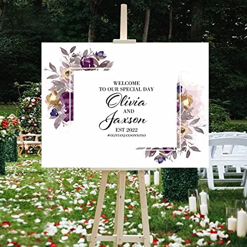 Alioyoit Personalized Wedding Welcome Sign with Purple Floral Wreath