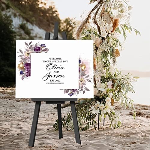Alioyoit Personalized Wedding Welcome Sign with Purple Floral Wreath