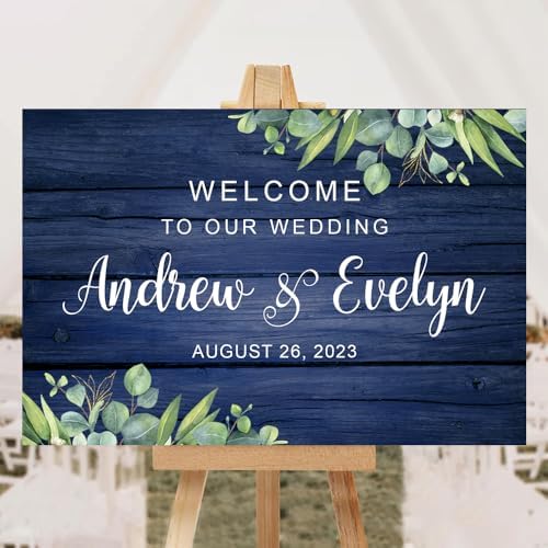 Rustic Navy Wedding Welcome Sign with White Flowers
