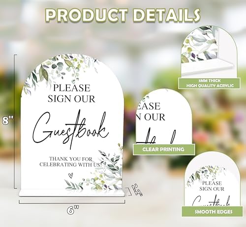 Greenery Guestbook Sign 6x8 Inch White Arch Acrylic Wedding Sign with Holder