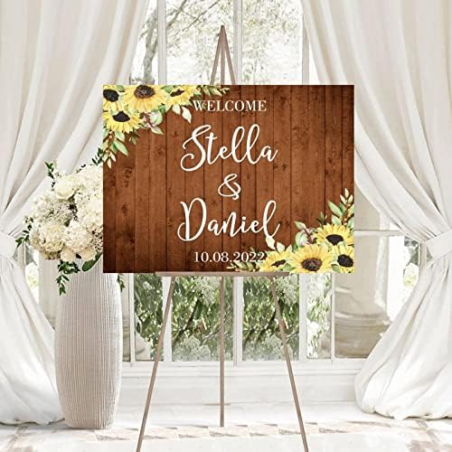 Wedding Welcome Sign Sunflower Brown Wood Customizable