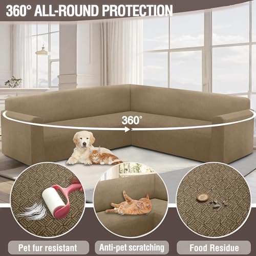 Jacquard L-Shaped Sectional Sofa Cover for Pets - Brown Khaki X-Large