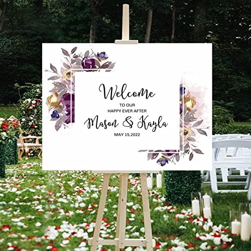 Alioyoit Purple Floral Wreath Wood Wedding Sign