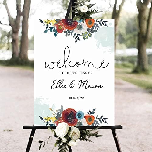 Custom Red Floral Wedding Welcome Sign 12x16 Inch