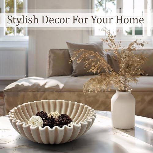 Ruffle Decorative Bowl Large Fruit Bowl Beige Artificial Stone