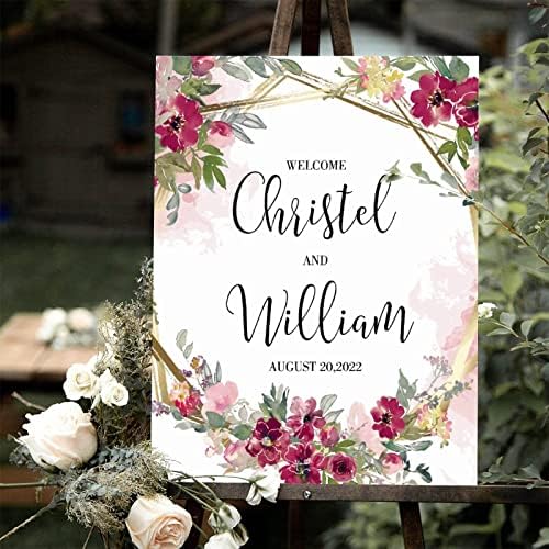Personalized Pink Floral Wedding Welcome Sign 12x16 Inch