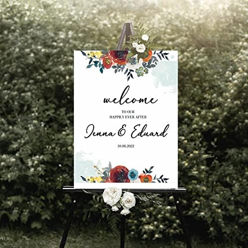 Customizable Red Floral Wedding Welcome Sign 12x16 Inch