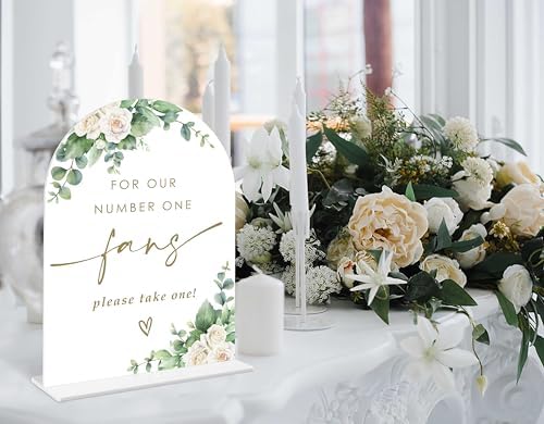 Eucalyptus Rose Wedding Fan Sign 6x8 Inch White Acrylic Wedding Arch with Holder