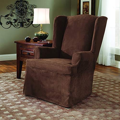 SureFit Soft Suede T-Cushion Wing Chair Slipcover Chocolate