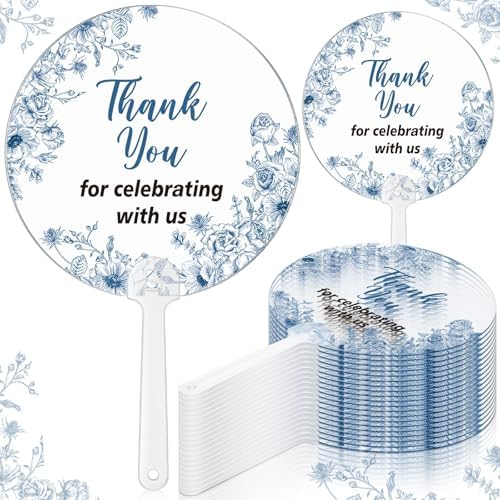 Geelin 50 Pcs Blue Flower Wedding Fans for Guests and Bridesmaids