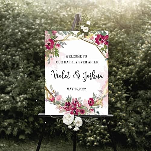 Alioyoit Personalized Pink Floral Wedding Welcome Sign 12x16 Inch