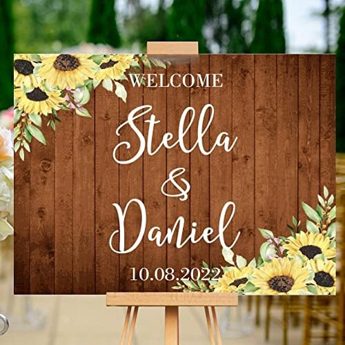 Wedding Welcome Sign Sunflower Brown Wood Customizable