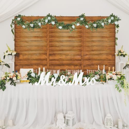 2pcs White Mr Mrs Wedding Table Signs with Artificial Flowers Garland