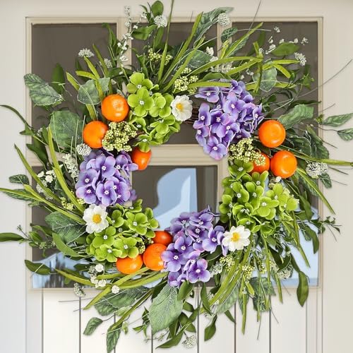 24 Inch Artificial Hydrangea Wreath with Realistic Fruit and Green Leaves